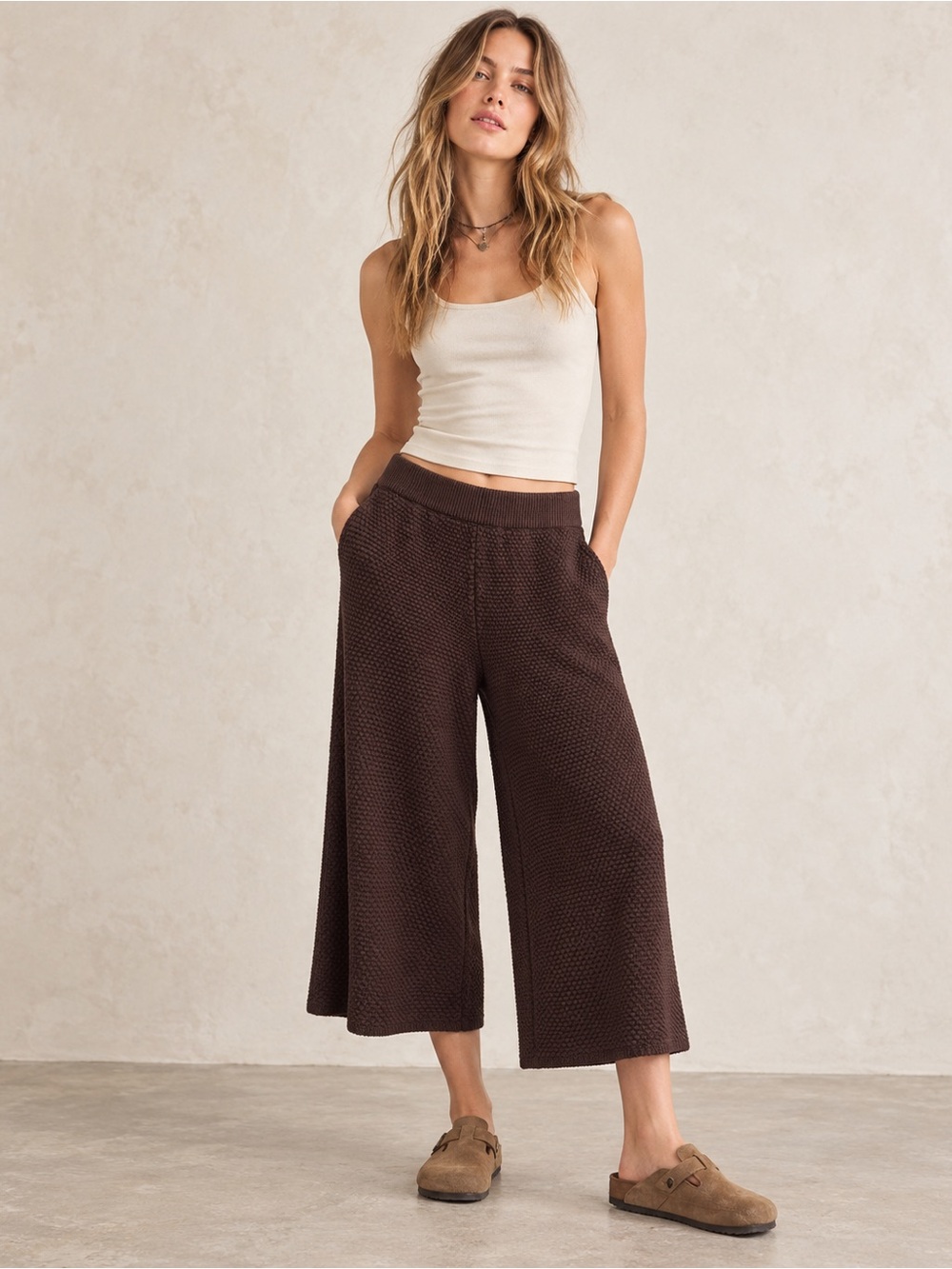 Free People FP Beach Hailee Brown Waffle Knit Wide Leg Cropped Pants Size S